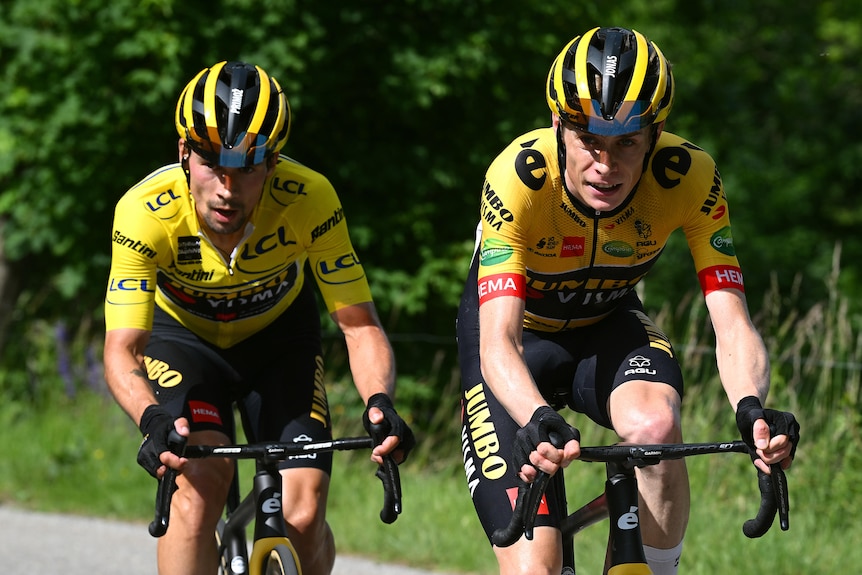 Primoz Roglic and Jonas Vingegaard ride next to each other