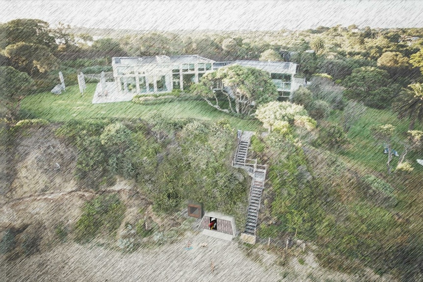 A large property on top of a cliff with a stairway down to the foreshore where a boatshed sits