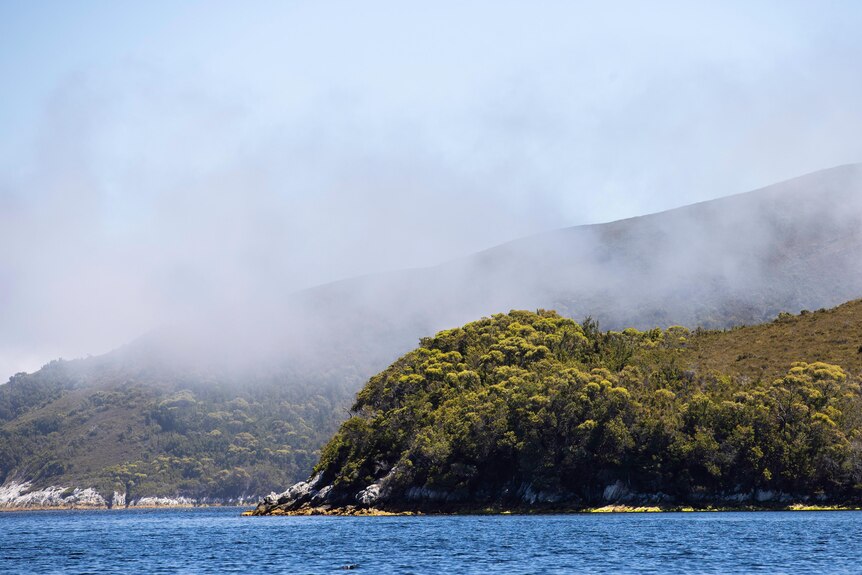 A sea fog creates a light mist over coastal land