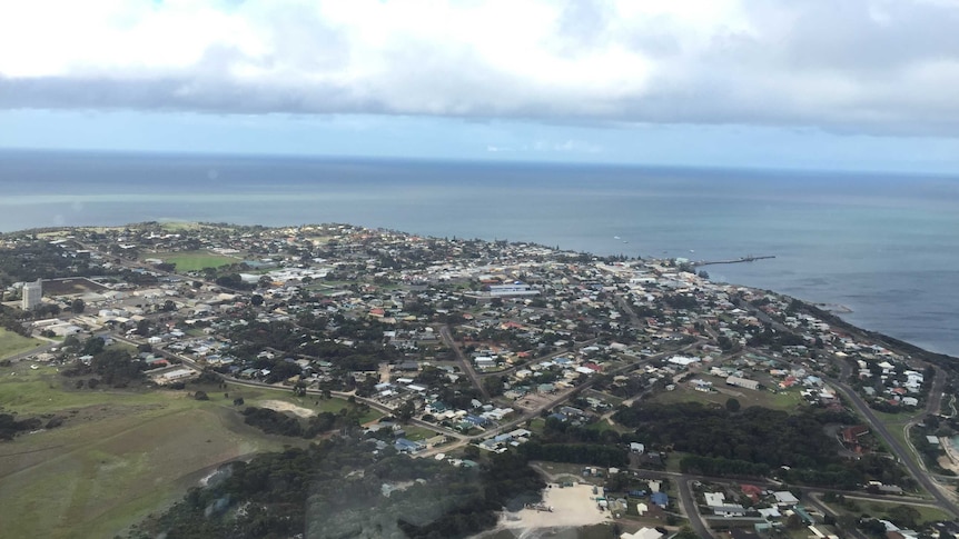 An aerial view of a coastal city