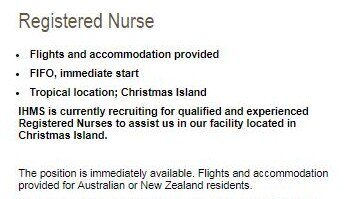 An online ad for a fly in fly out registered nurse in Christmas island that says flights and accommodation provided