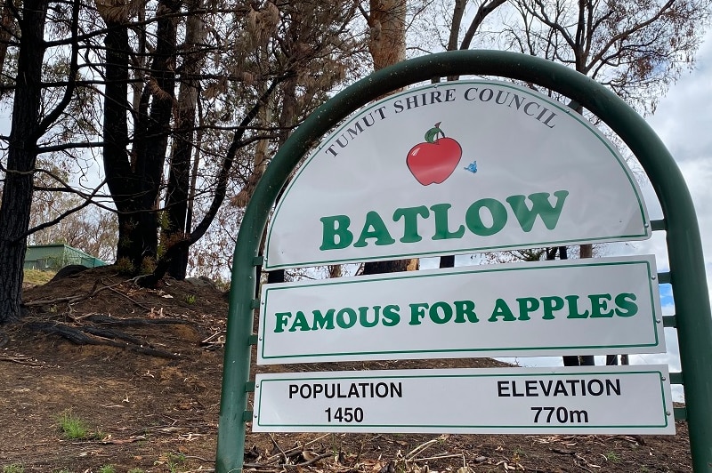 The Batlow sign at the entrance to the town with burnt trees in the background