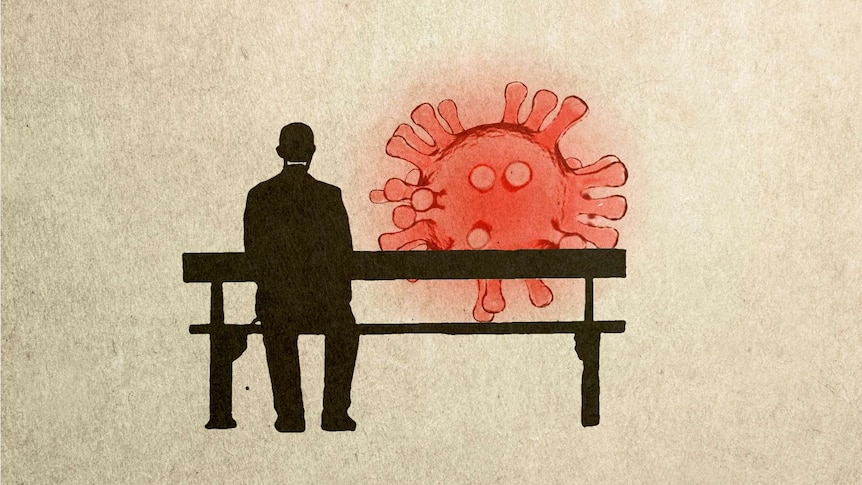 Illustration of a man sitting on a public bench next to a large covid bacteria