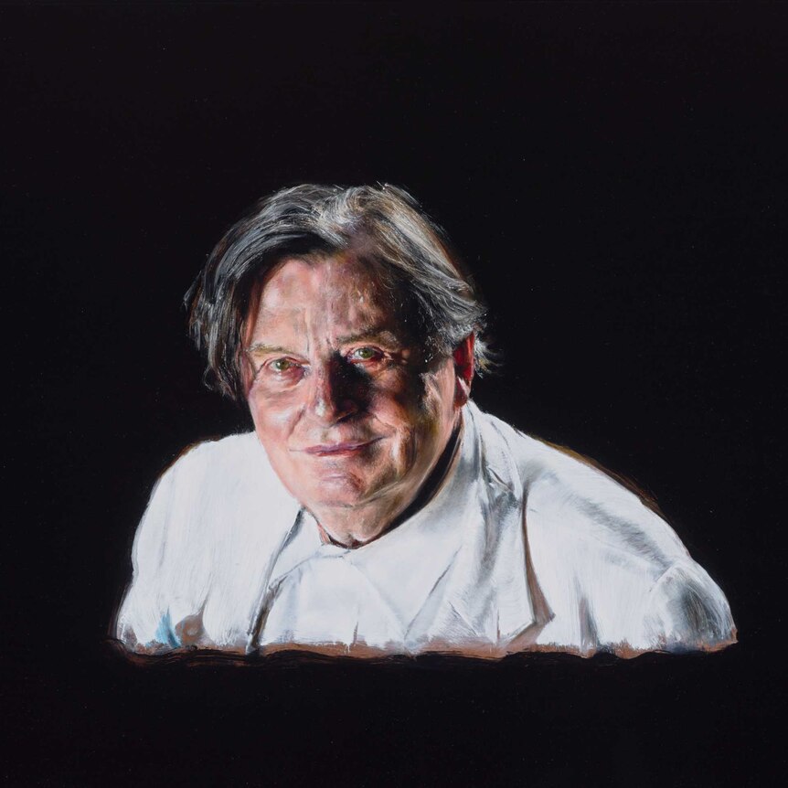 An oil on masonite painting of Barry Humphries.