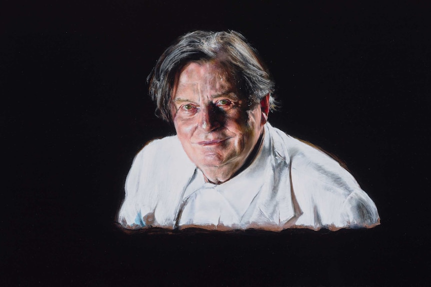 An oil on masonite painting of Barry Humphries.