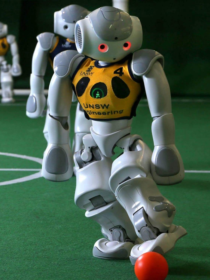 UNSW robot kicks a ball in the RoboCup World Championships