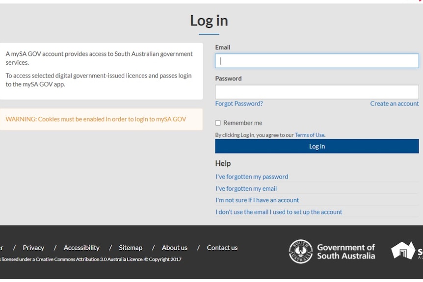 A screenshot of the log in page for the mySA GOV website