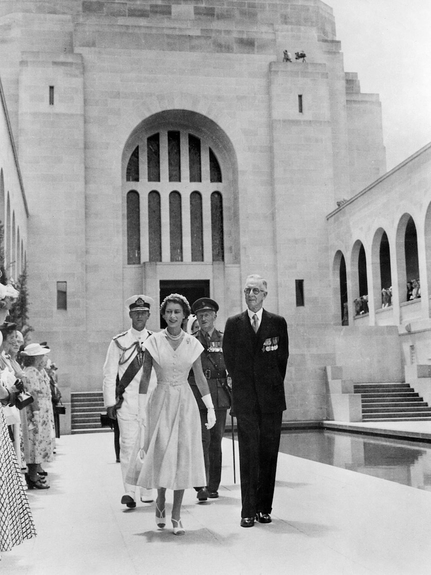 Queen Elizabeth with Charles E W Bean at the Australian War Memorial in 1954.