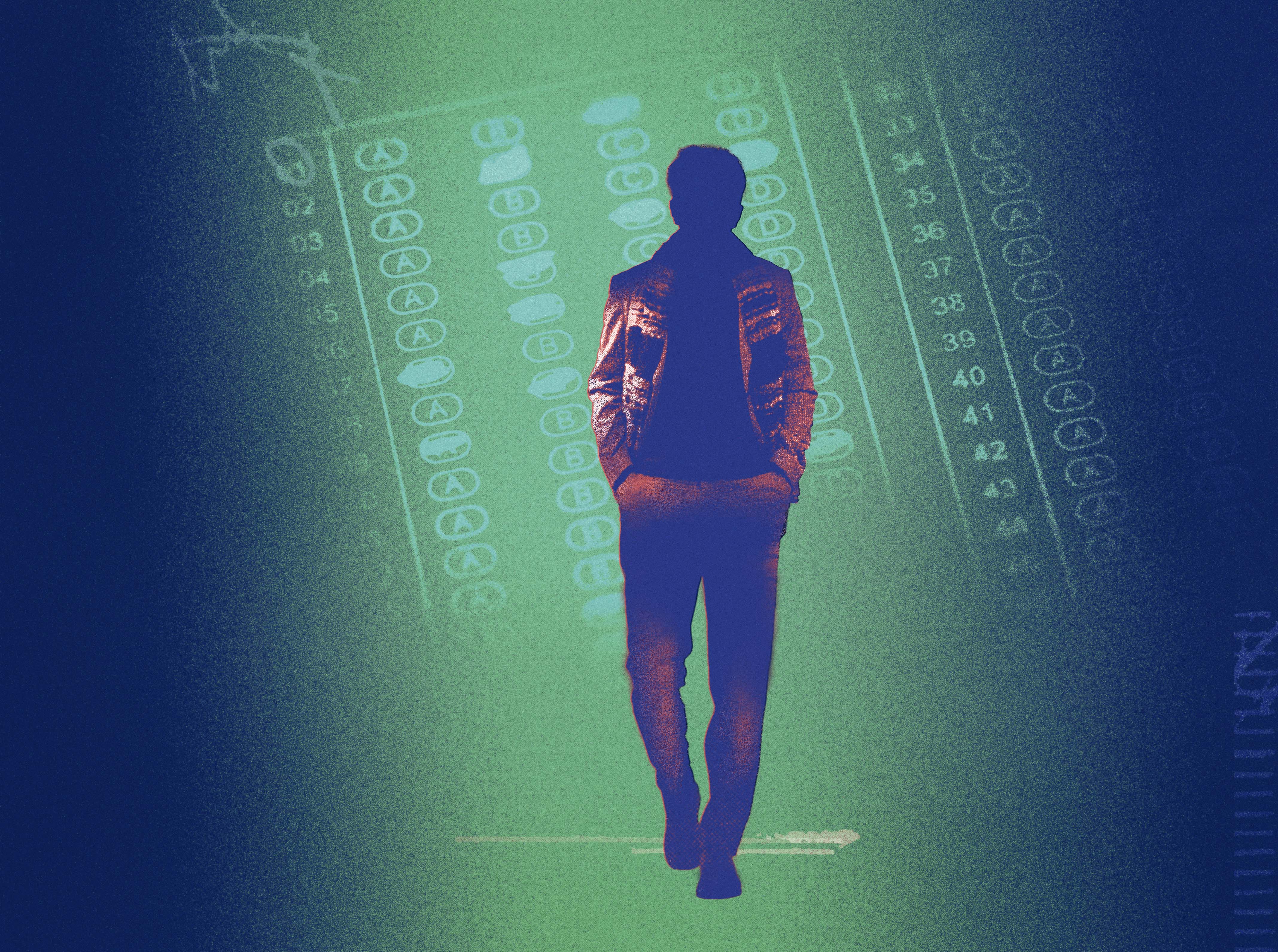 An illustration of a man in front of an exam sheet.