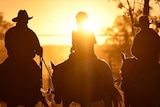 three people on horses at sunset