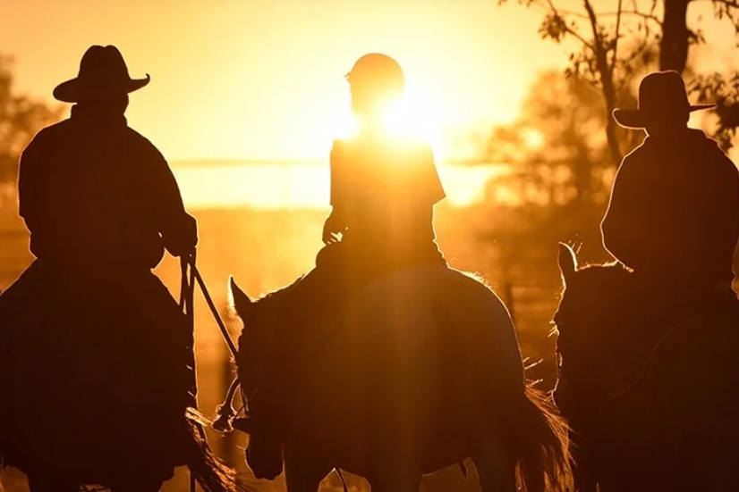 three people on horses at sunset