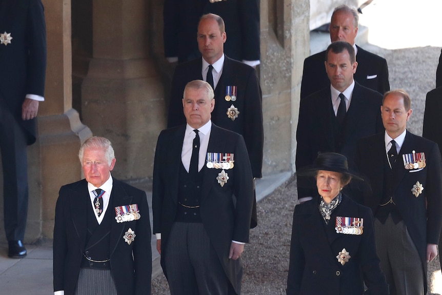 The children of Prince Philip and Queen Elizabeth II at his funeral.