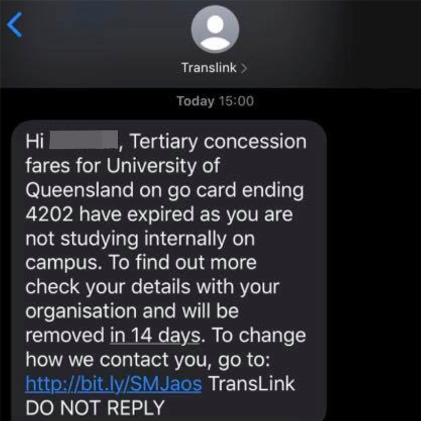 A text message to a student from TransLink