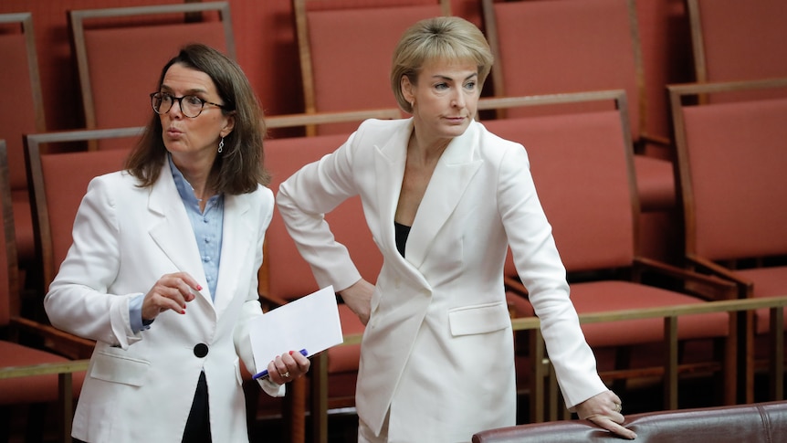 Anne Ruston and Michaelia Cash standing in the Senate.