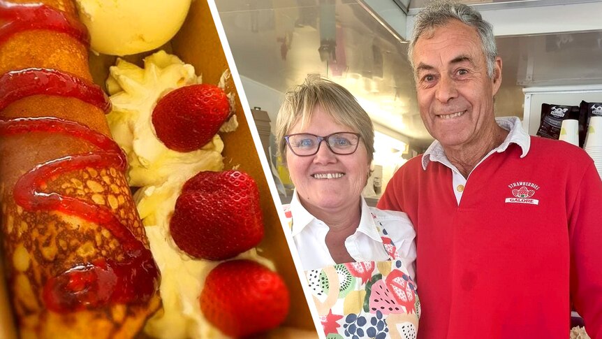 Kerry and Trevor, a middle-aged couple, in a white shirt and red jumper in the Strawberries Galore van smile arm around.