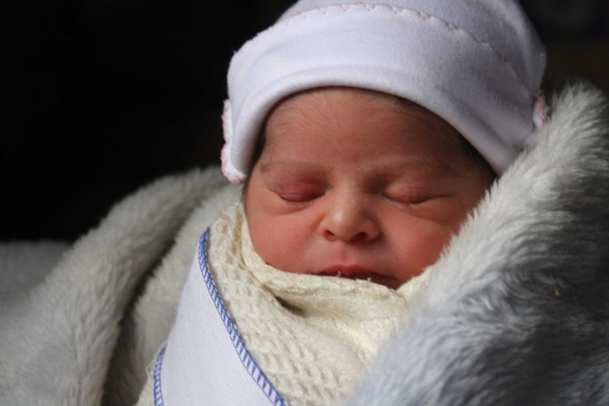 Against a black background, a newborn with a beanie is swaddled in white fluffy blankets.