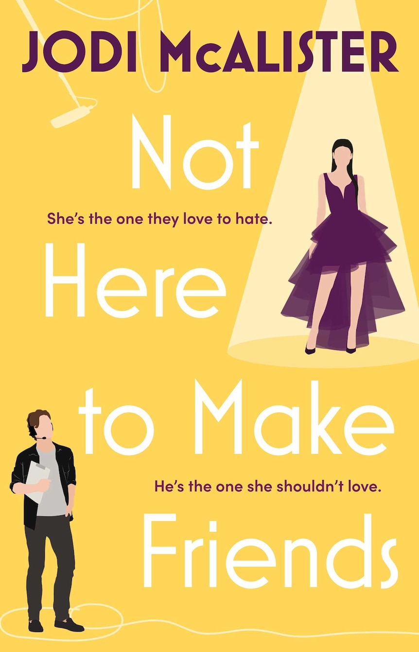 The book cover for Not Here to Make Friends. It is yellow, and features a producer and a woman in a glamorous dress.