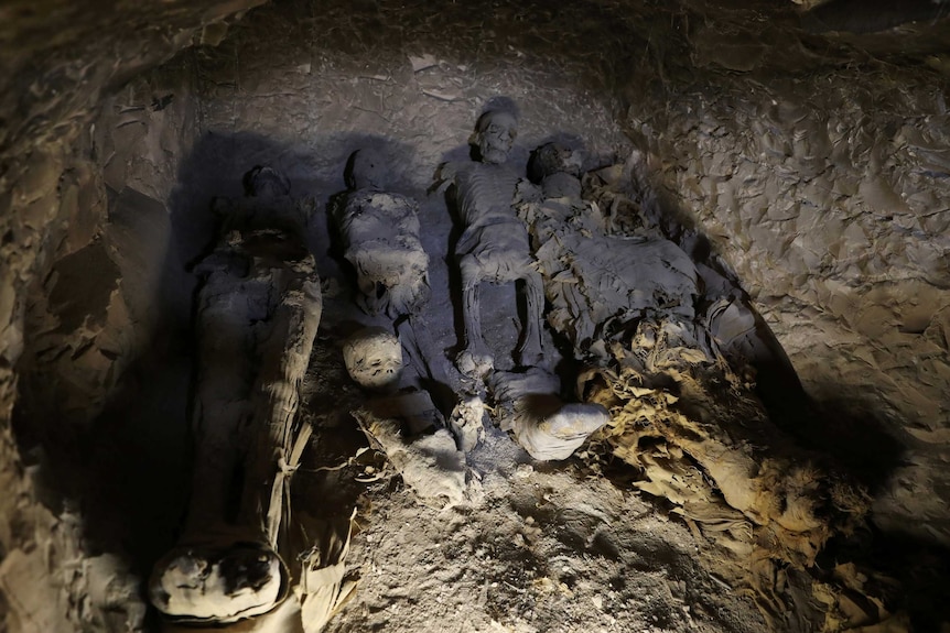 At least four skeletons, are wrapped in cloth, some more covered than others, lying in a grey cavern.