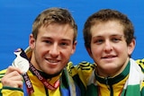 Another one in the bag ... Matthew Mitcham and Ethan Warren pose with their silver medals.