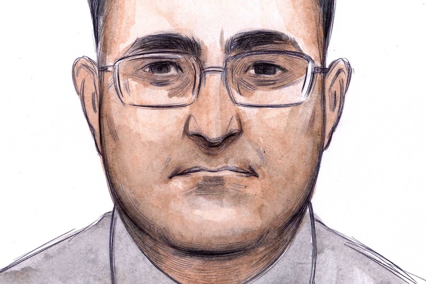 A court sketch of a man with glasses.