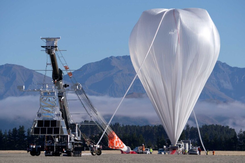 NASA's super-pressure balloon stands fully inflated and ready for lift-off from Wanaka airport.