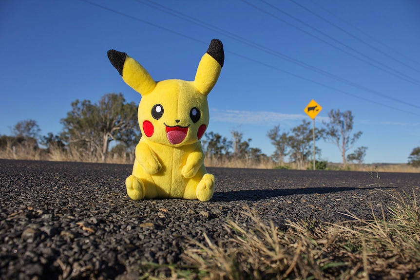 A pokemon toy sits near a country highway