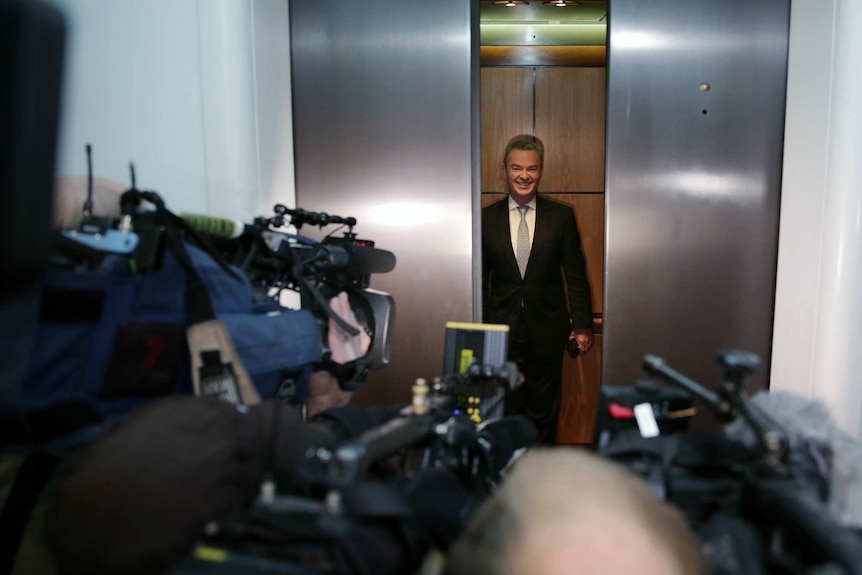 Christopher Pyne grins as he gets into a lift at Parliament