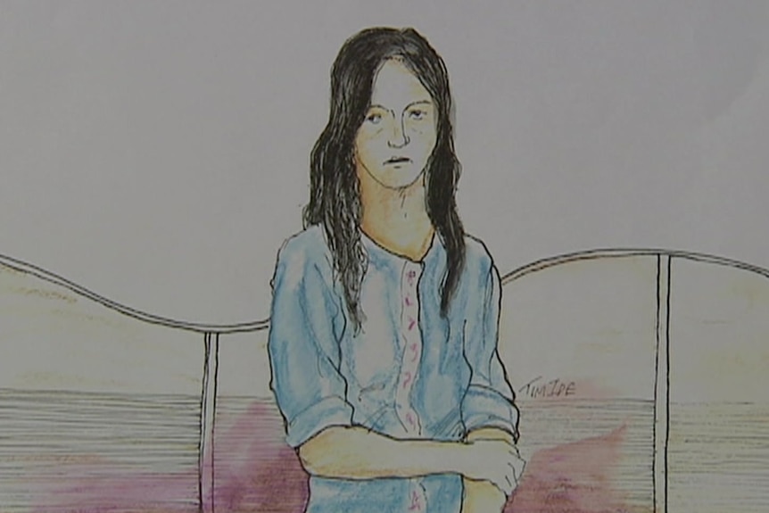 A court sketch of a woman with long dark hair