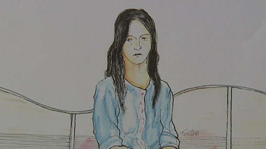A court sketch of a woman with long dark hair