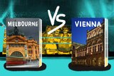 Illustration of Melbourne travel guide book versus Vienne guide in a boxing ring