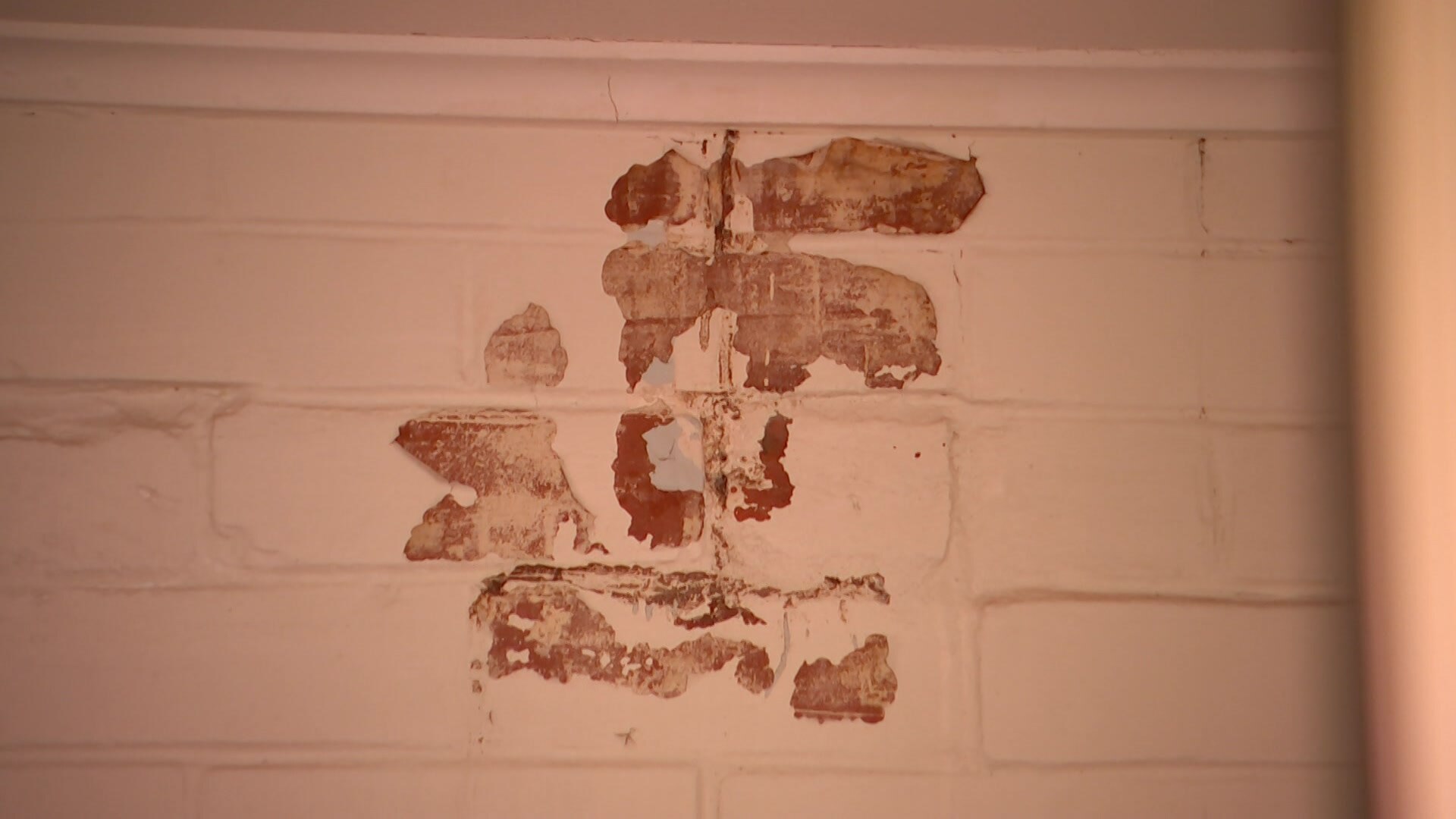 Exposed bricks in an off-white painted brick wall