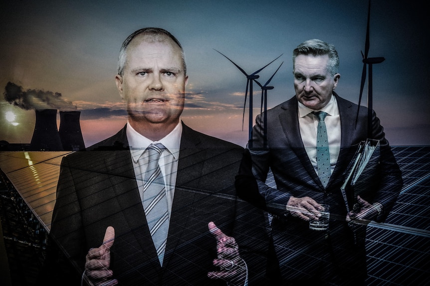 A composite image of two men (Ted O'Brien and Chris Bowen) superimposed over solar panels and wind turbines and nuclear plant