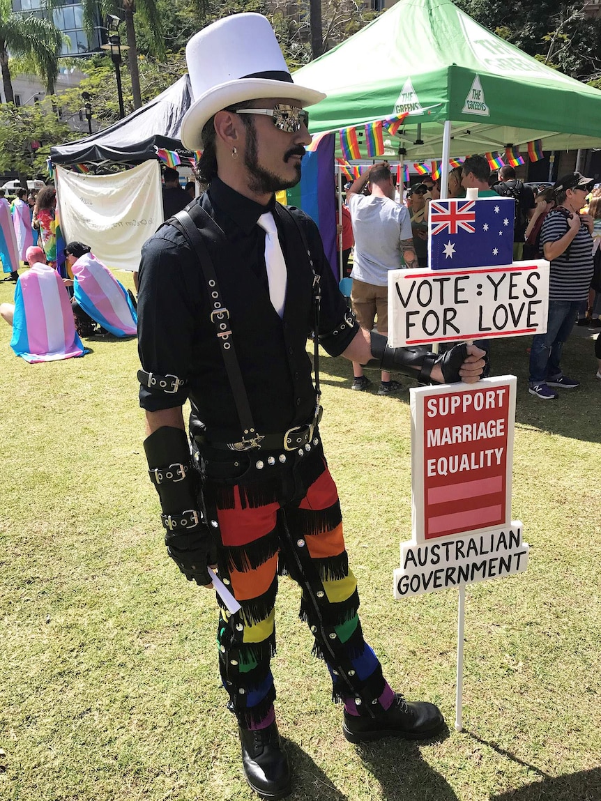 Steve Rushbrook at a same-sex marriage rally in Brisbane's CBD at Queens Gardens.