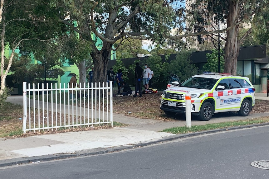 Plusieurs personnes se rassemblent autour d'un homme allongé dans un parc.