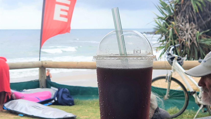 a biodegradable plastic cup and straw in the foreground and ocean in the background