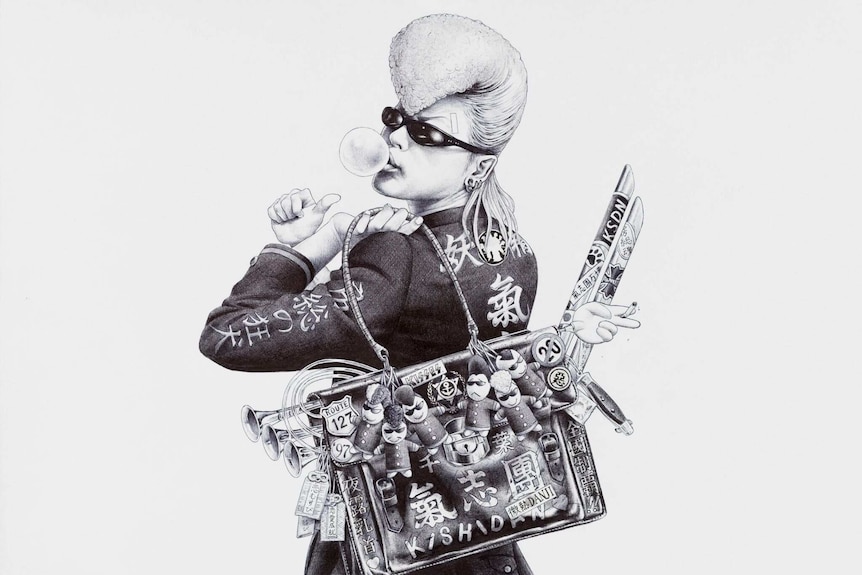 A ballpoint pen artwork depicting a young punk man covered in Japanese words