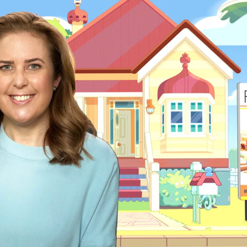 A picture of a woman with brown hair smiles while a cartoon multicoloured house sits behind 