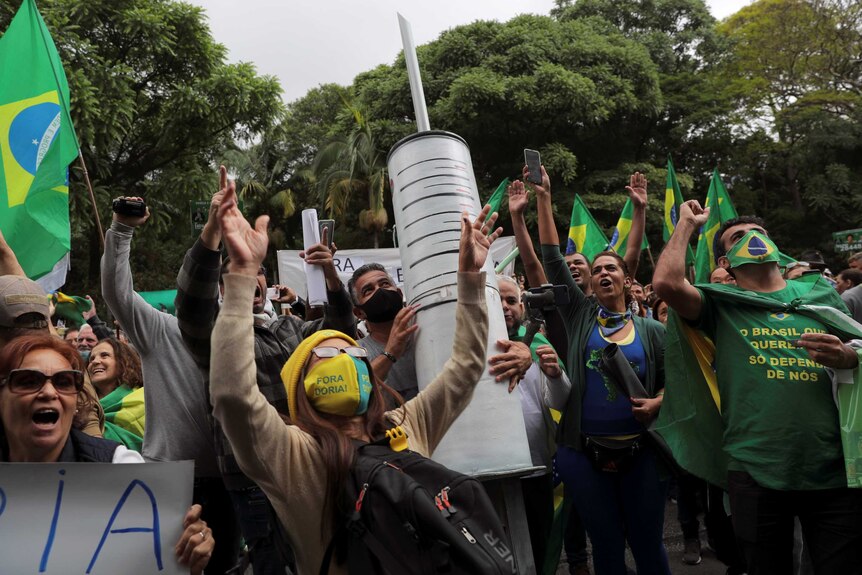 Protesters carrying a giant syringe and Brazil flags raise their arms in air in leafy public square.