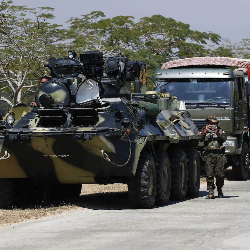 Myanmar Millitary's armored vehicles stand at Nay Pyi Daw council road on February 3, 2021.