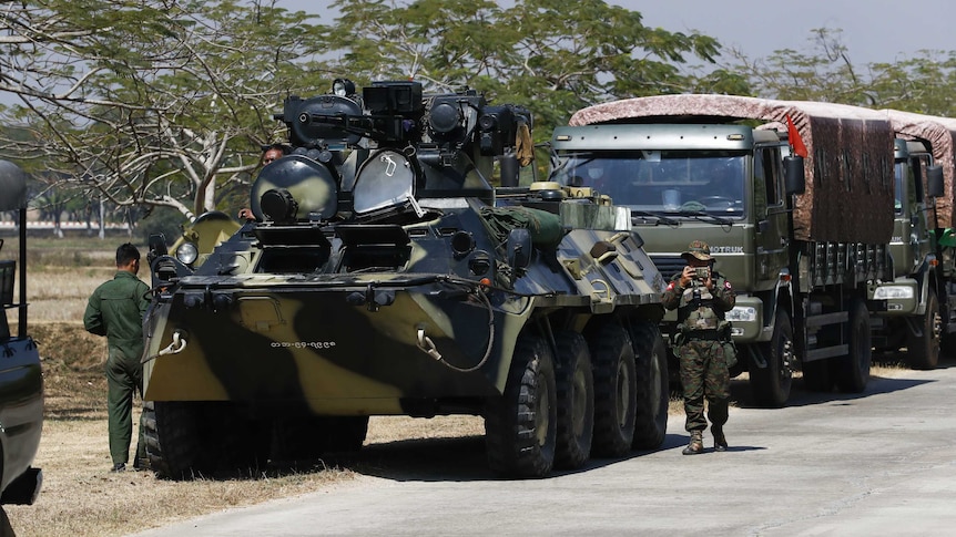 Myanmar Millitary's armored vehicles stand at Nay Pyi Daw council road on February 3, 2021.