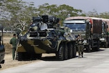 Myanmar Millitary's armored vehicles stand at Nay Pyi Daw council road on February 3, 2021.