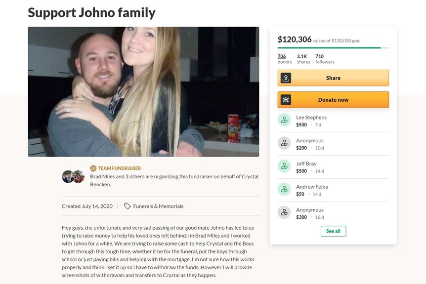 A screenshot of a crowd-funding campaign which includes a photograph of a man and woman cuddling.