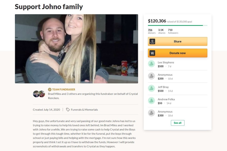A screenshot of a crowd-funding campaign which includes a photograph of a man and woman cuddling.