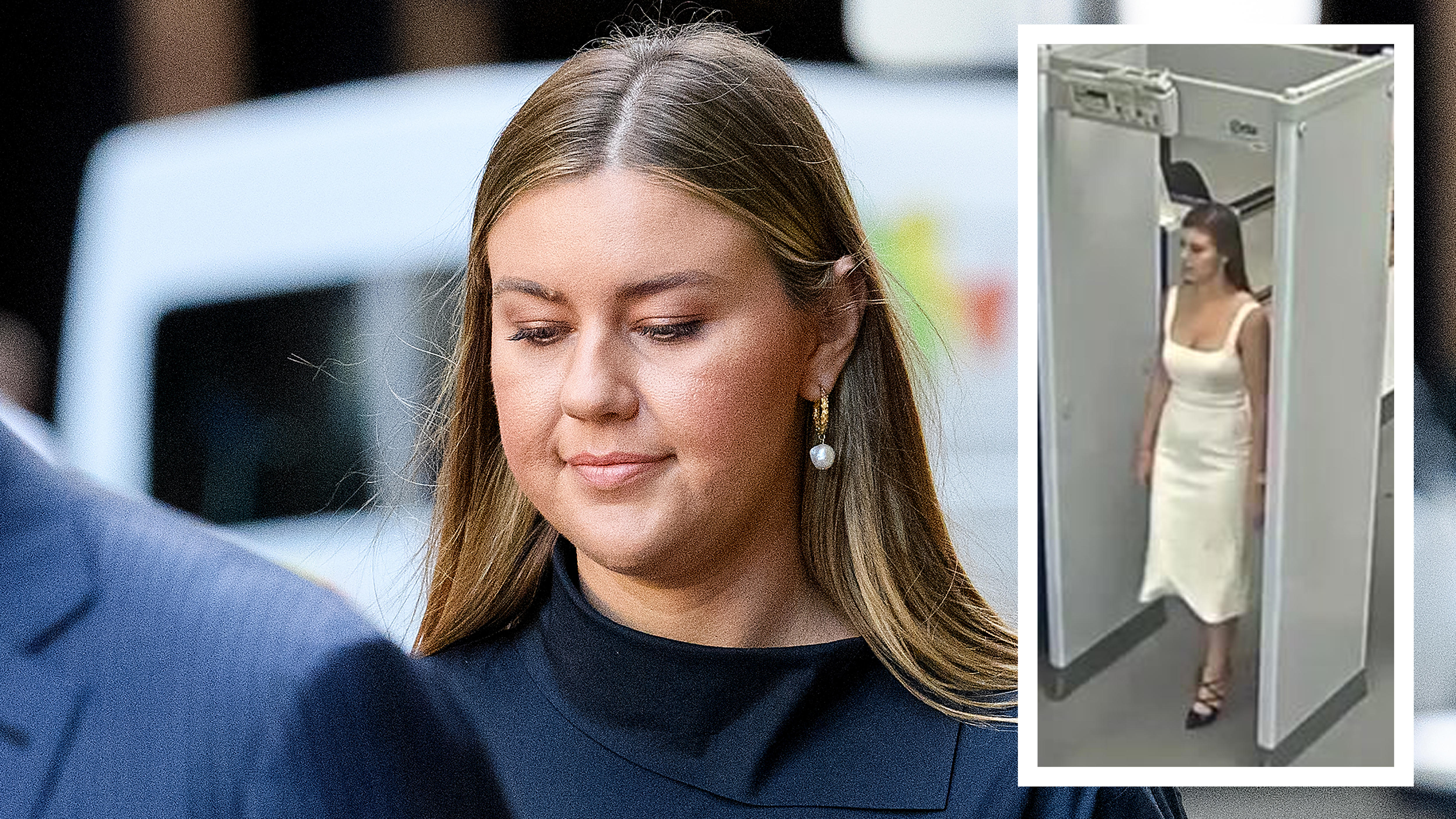 Brittany Higgins outside court with an inset image of her going through Parliament House security.