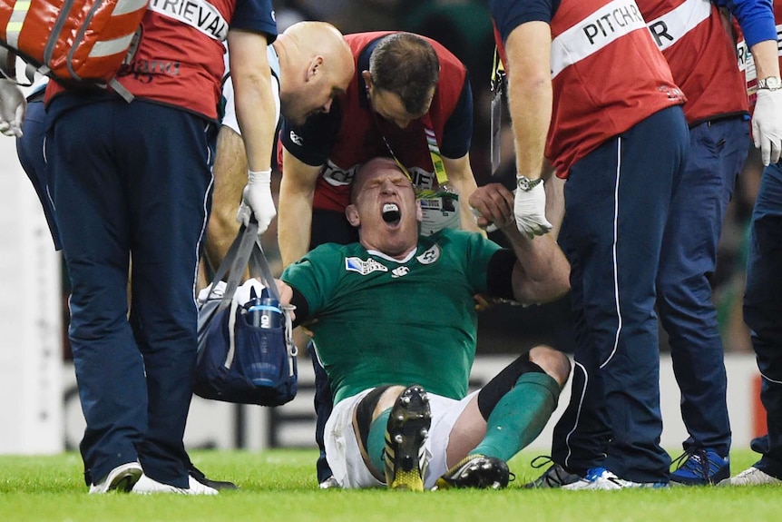 Ireland captain Paul O'Connell is attended to by trainers