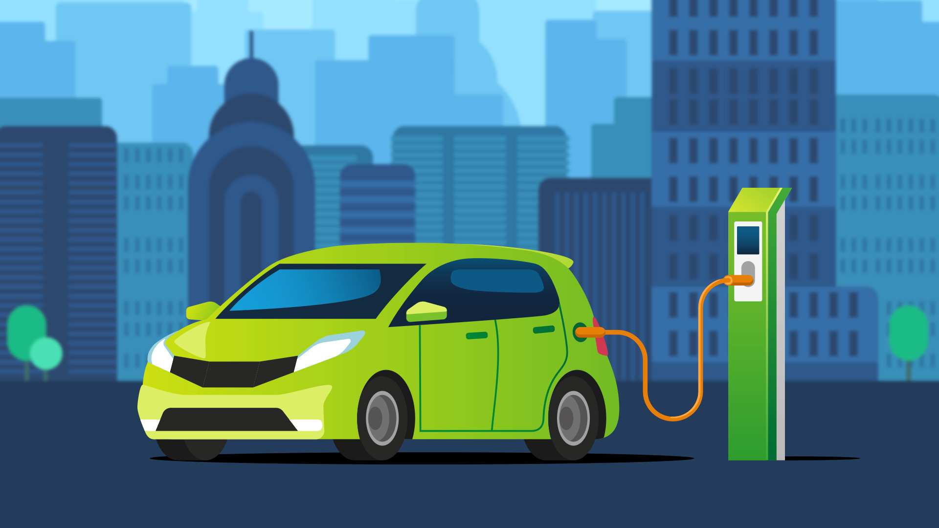 Illustrated electric car attached to an electric charging station with cityscape in the background.