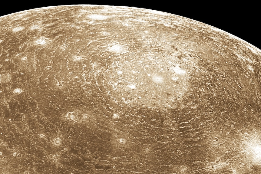 An image of Jupiter's moon Callisto, with raised rings spreading out from a crater
