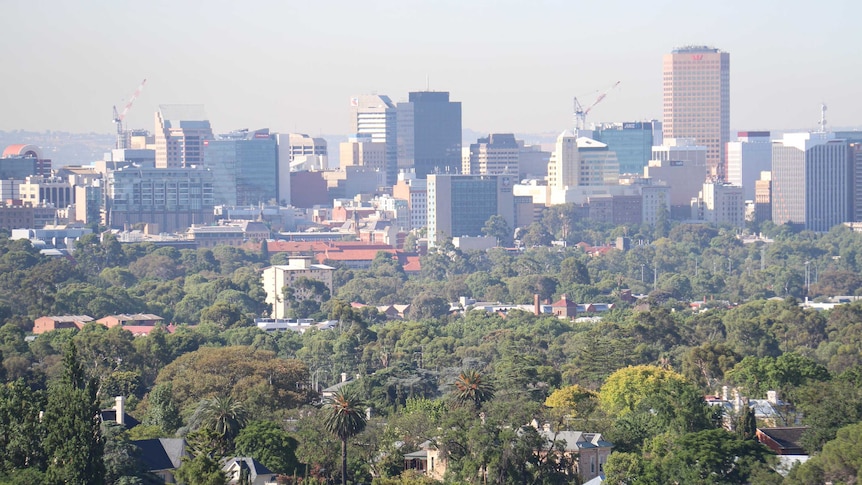 A haze lies over the Adelaide city skyline.