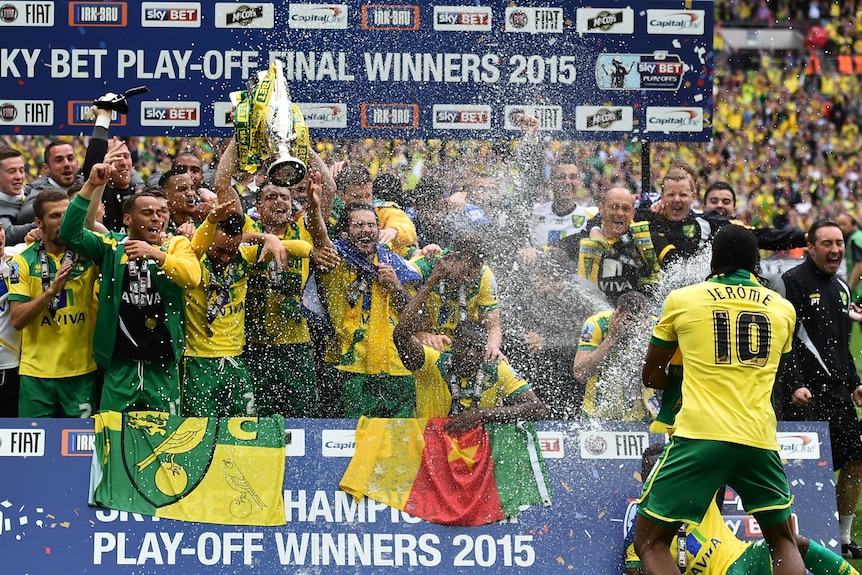 Norwich City celebrates promotion to the Premier League