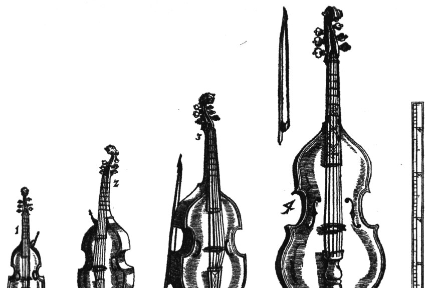 Woodcut illustration of viole da gamba of different sizes.